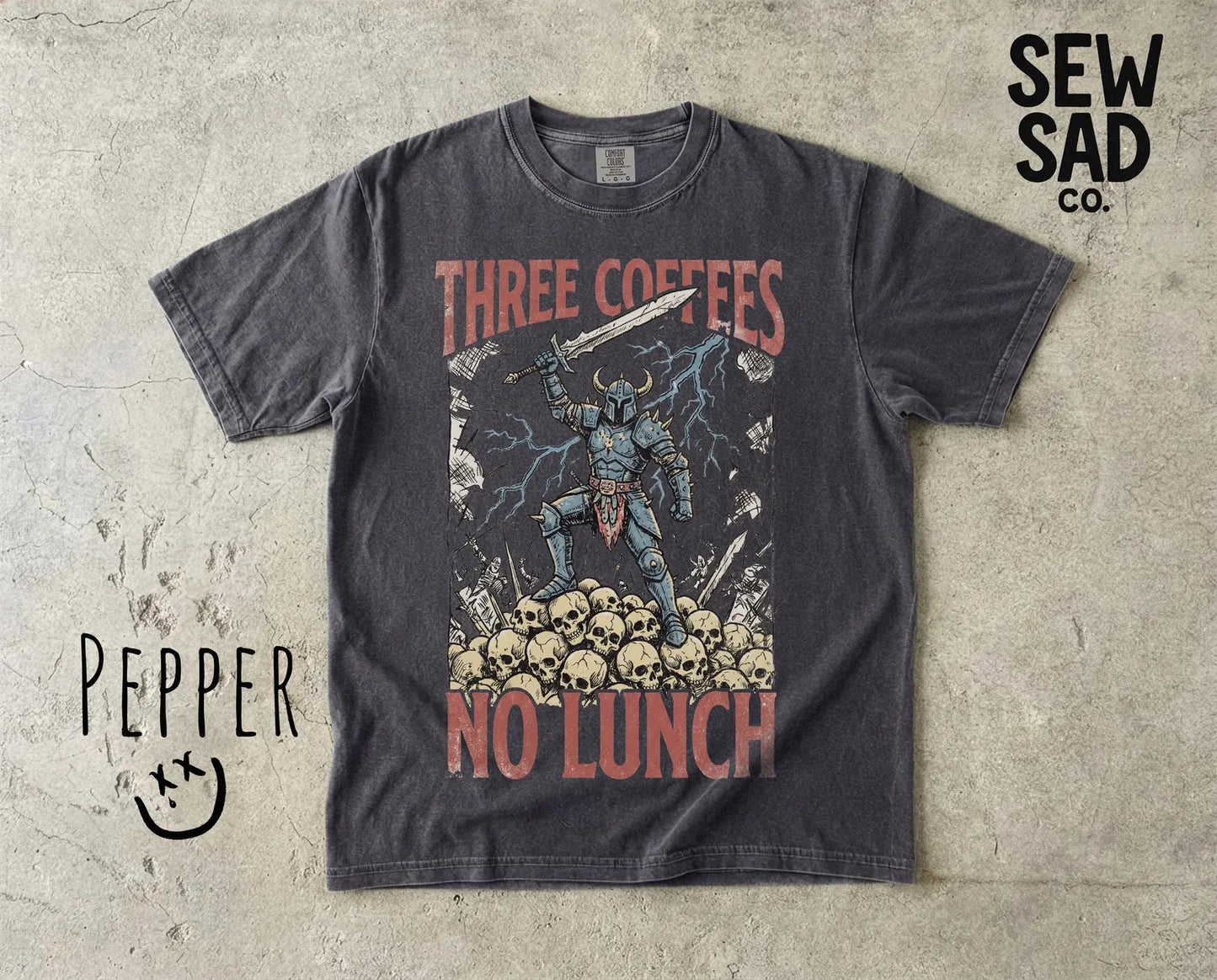 Three Coffees No Lunch Shirt – Funny Medieval Knight Graphic Tee