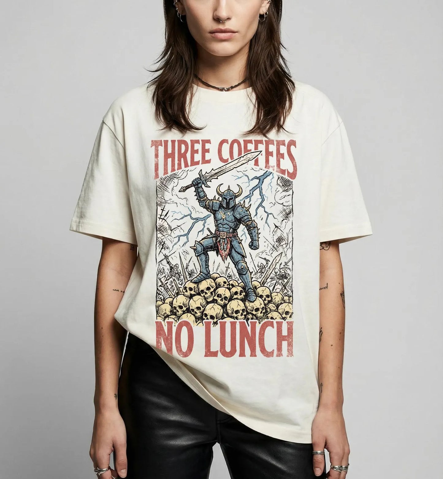 Three Coffees No Lunch Shirt – Funny Medieval Knight Graphic Tee