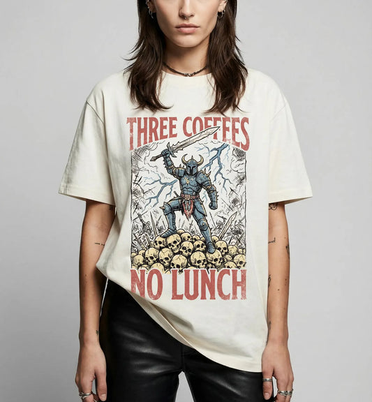 Three Coffees No Lunch Shirt – Funny Medieval Knight Graphic Tee