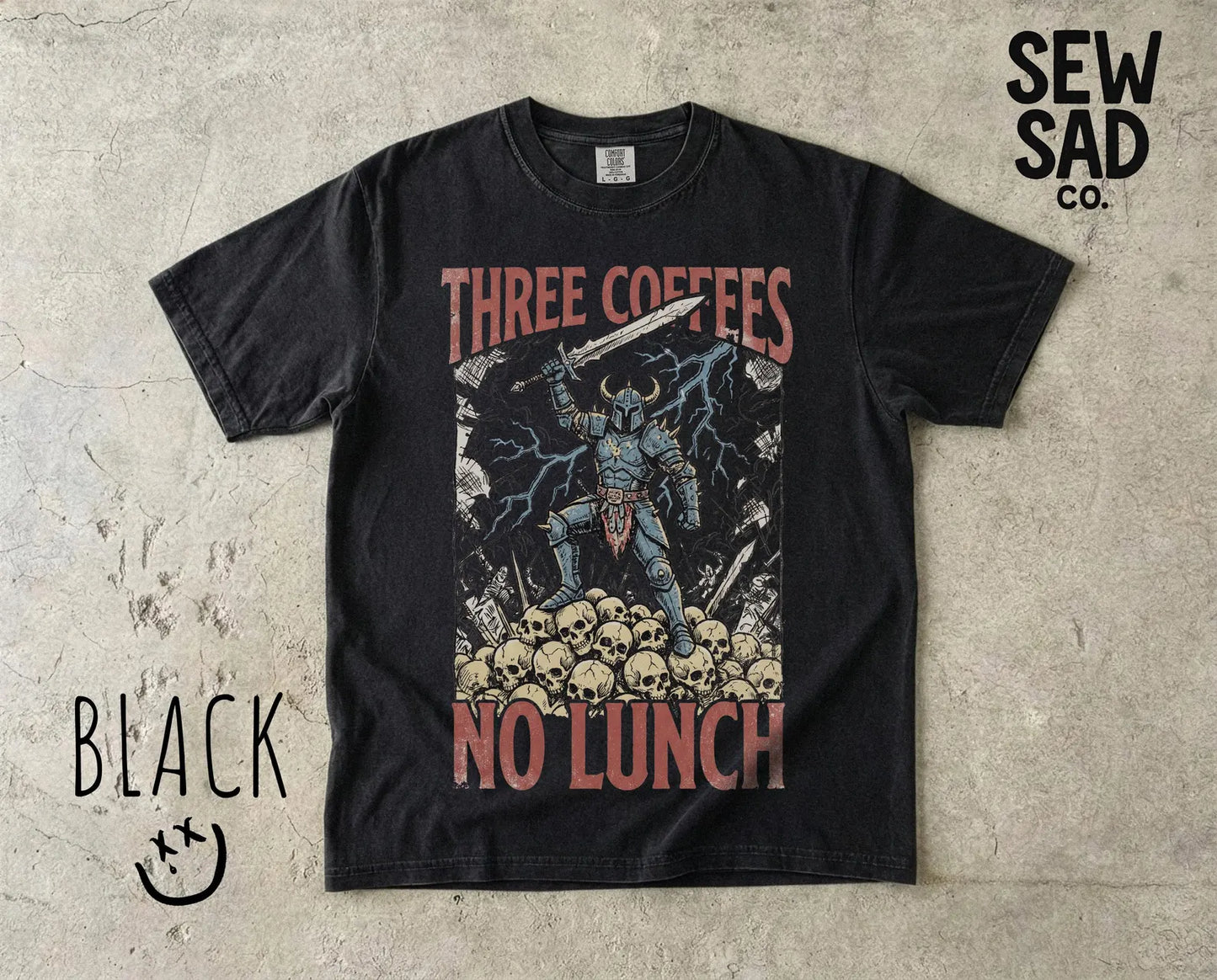 Three Coffees No Lunch Shirt – Funny Medieval Knight Graphic Tee