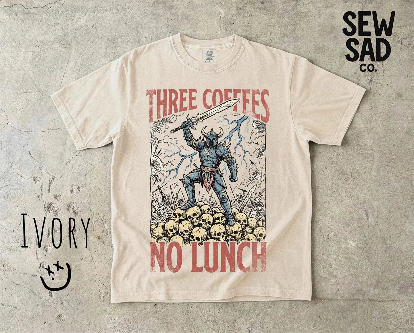 Three Coffees No Lunch Shirt – Funny Medieval Knight Graphic Tee