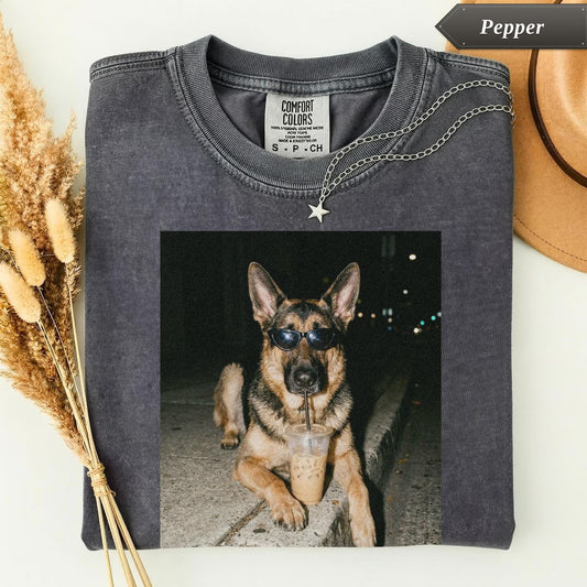 German Shepherd Iced Coffee Shirt – Funny Dog Meme Graphic Tee